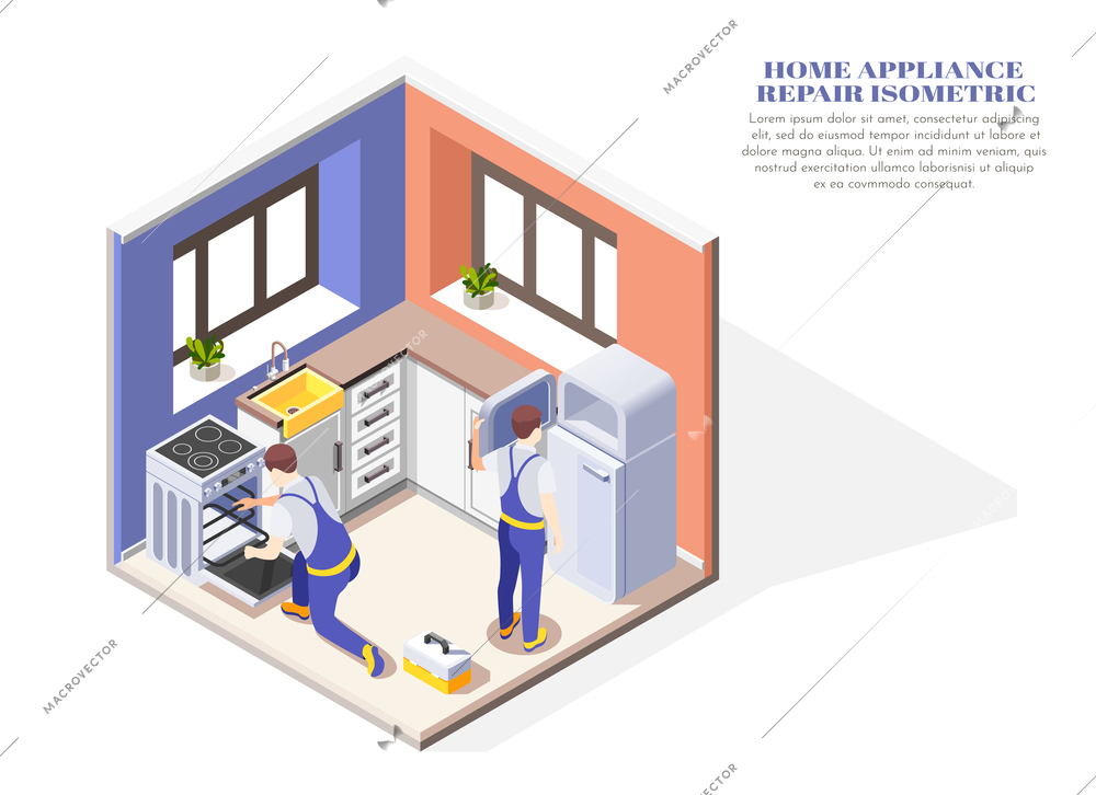 Isometric composition with two handymen repairing home appliances in kitchen 3d vector illustration