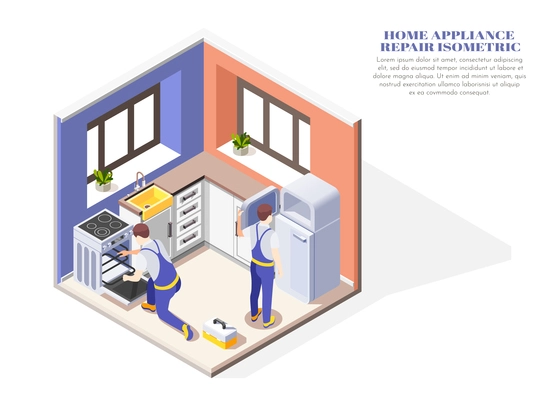 Isometric composition with two handymen repairing home appliances in kitchen 3d vector illustration