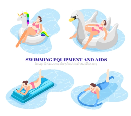 Isometric 4x1 icons set with people using swimming equipment and aids in pool 3d isolated vector illustration