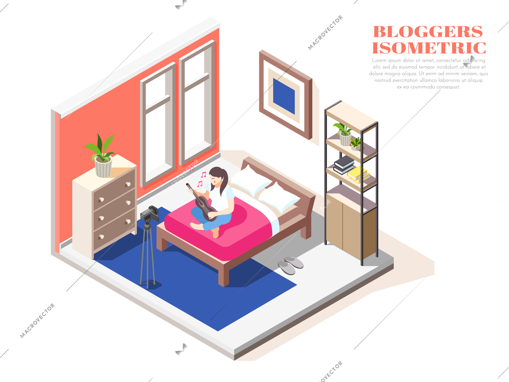 Woman blogger sitting on bed and playing guitar in front of camera isometric composition 3d vector illustration