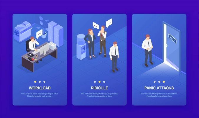 Three vertical problem situations at work isometric banner set with workload ridicule and panic attack headlines vector illustration