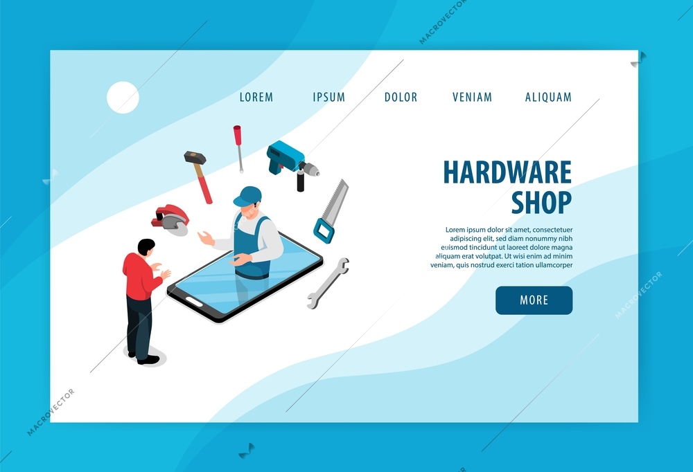 Man buying tools at online hardware shop 3d isometric banner vector illustration