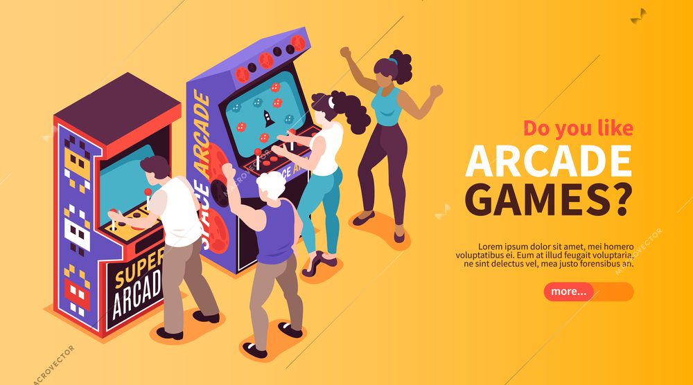 Retro amusement arcade game machines online entertainment horizontal isometric web banner with playing people background vector illustration