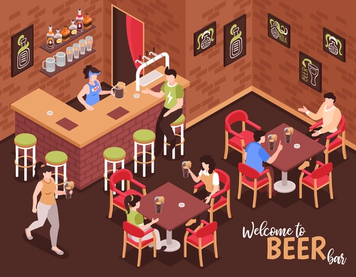 Welcome to beer bar isometric background with bartender and visitors sitting at tables and drinking beer vector illustration