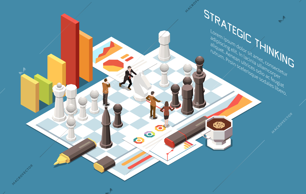 Leadership concept isometric background with chess desktop game figures and infographic signs for business growth improvement vector illustration