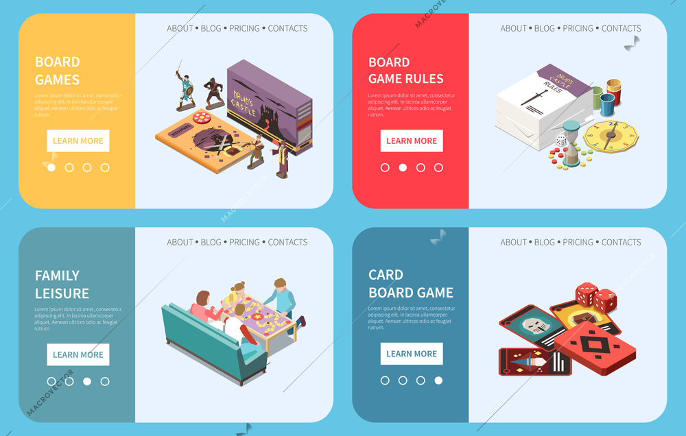 People playing board games isometric set of four horizontal banners with clickable buttons desktop game images vector illustration