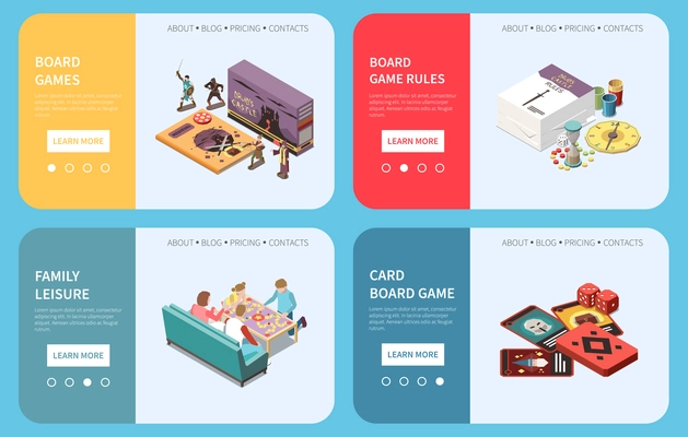 People playing board games isometric set of four horizontal banners with clickable buttons desktop game images vector illustration