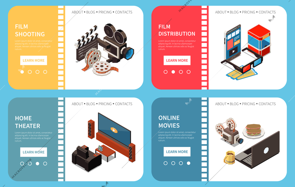 Set of four cinema isometric horizontal banners with compositions of images and clickable learn more buttons vector illustration