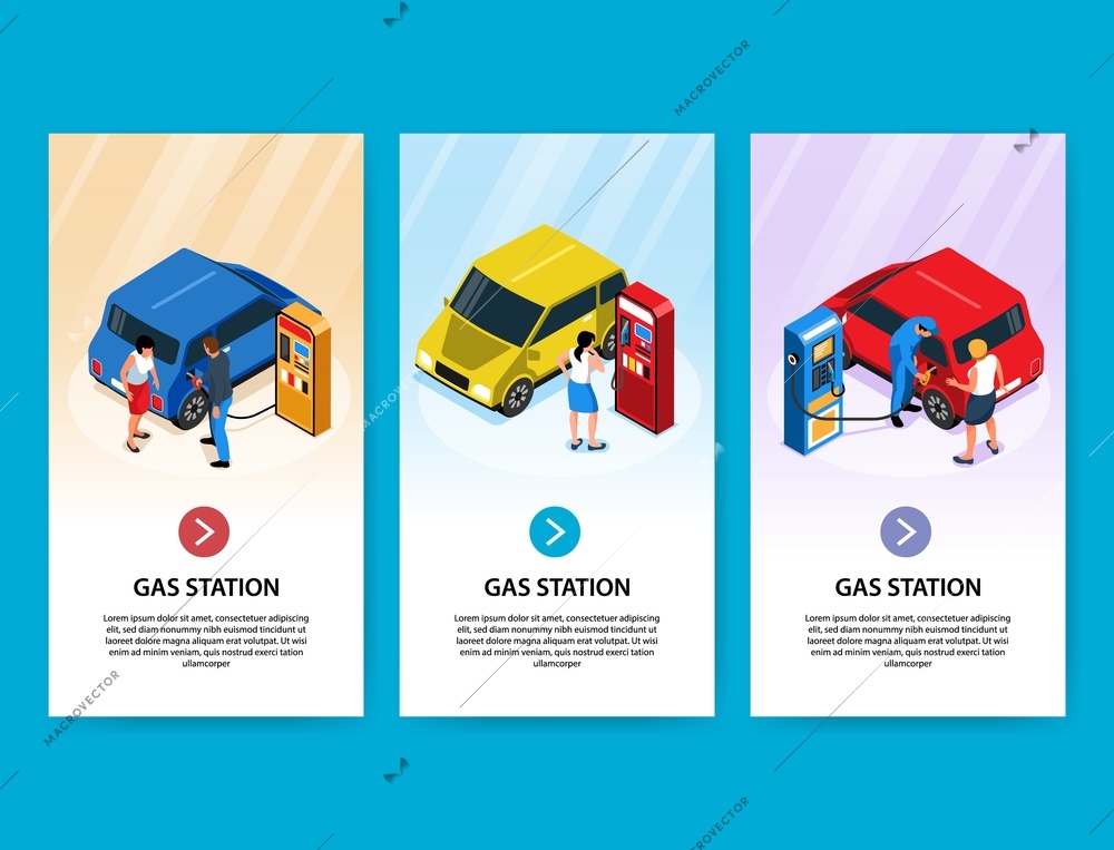 Gas station vertical banners with people fuelling their cars independently and with employee help isometric vector illustration