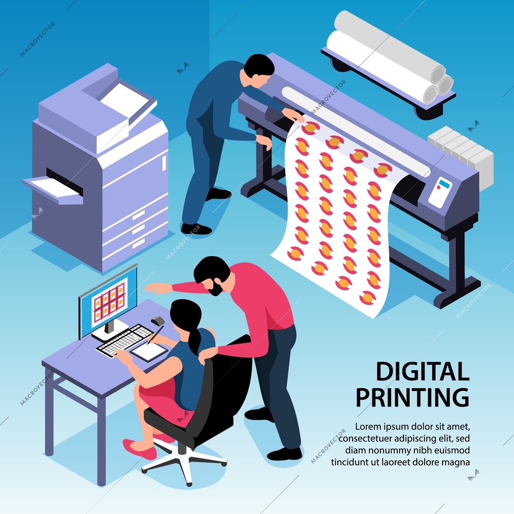 Digital printing isometric background with office staff working on copy and polygraph equipment  vector illustration