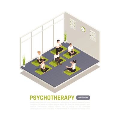 Incorporating yoga in psychotherapy healing process isometric composition with psychologist clients sitting in lotus pose vector illustration