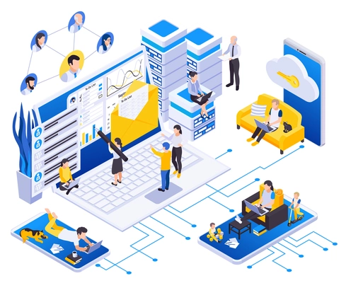 Remotely working at home employees  management isometric composition with secure data storage access task planning vector illustration