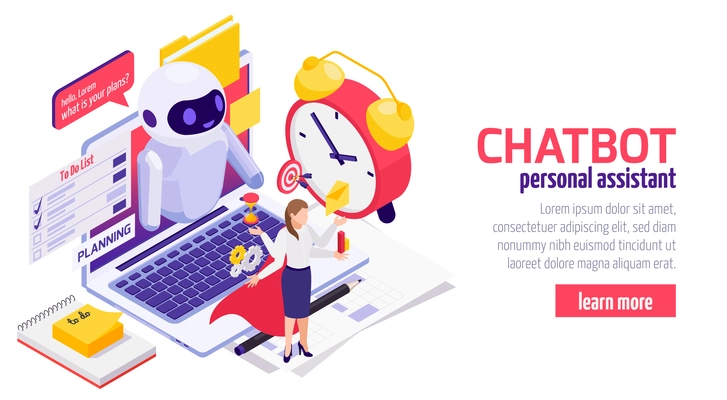 Chatbot messenger isometric web banner landing page design with businesswoman using electronic time planning assistant vector illustration