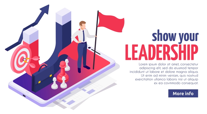 Effective leadership soft skills concept isometric web page design with successful businessman on smartphone screen vector illustration