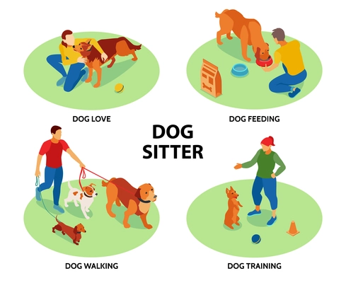 Dog sitter 4 circular isometric compositions with pets training feeding walking outdoor activities care love vector illustration