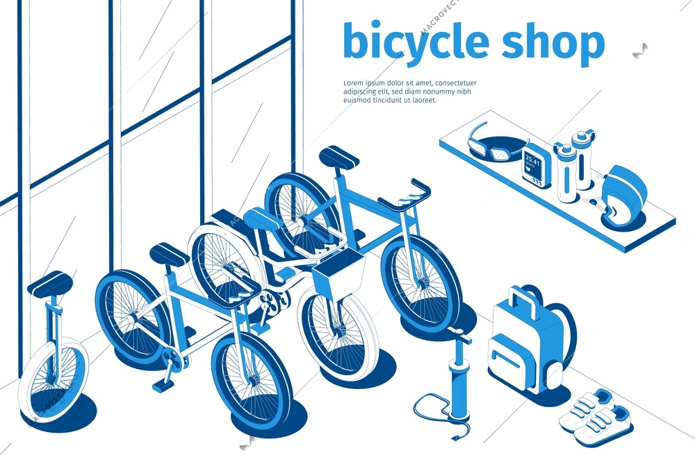 Bicycle shop window tools and accessories for cyclists in blue and white color 3d isometric vector illustration