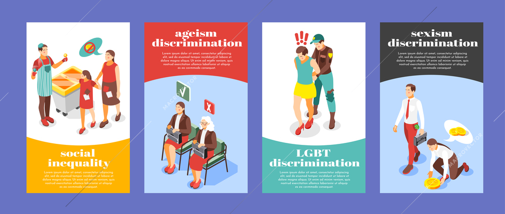 Colorful social inequality banners set with women poor elderly people gay suffering from discrimination 3d isolated vector illustration