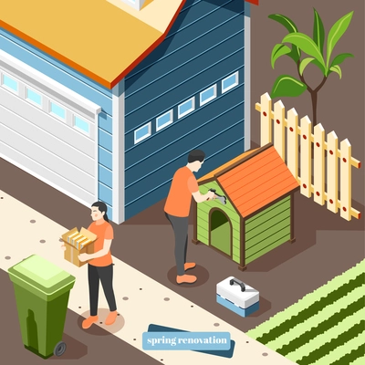 Spring renovation isometric background with family couple working outdoor in country house throw away garbage and repairing doghouse vector illustration