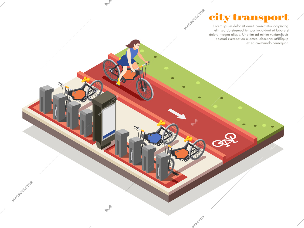 City transport isometric composition with bicycle rental spot and woman riding bike 3d vector illustration