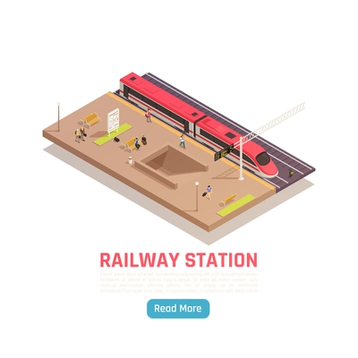 Train railway station isometric background with high speed train platform with text and read more button vector illustration