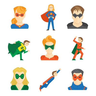 Superhero boys and girls avatars in masks and disguise flat set isolated vector illustration