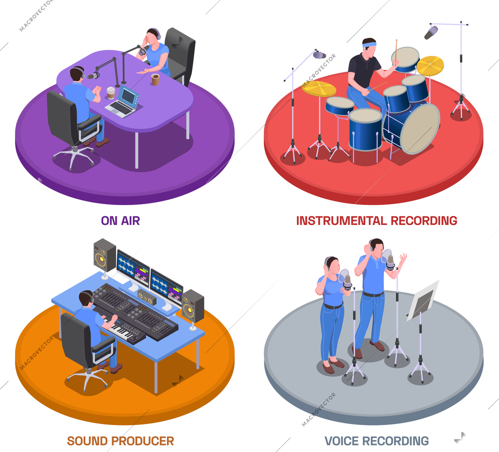 Radio studio concept icons set with voice recording symbols isometric isolated vector illustration