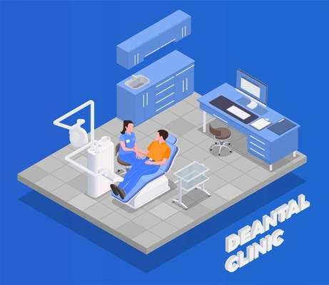 Dental clinic isometric concept with equipment and treatment symbols  vector illustration