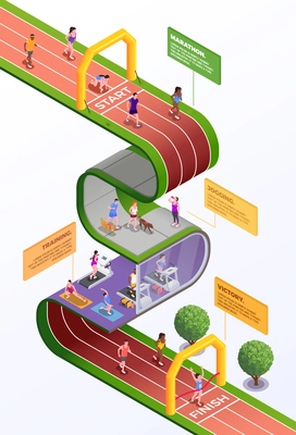 Running people composition with competition and training symbols isometric vector illustration