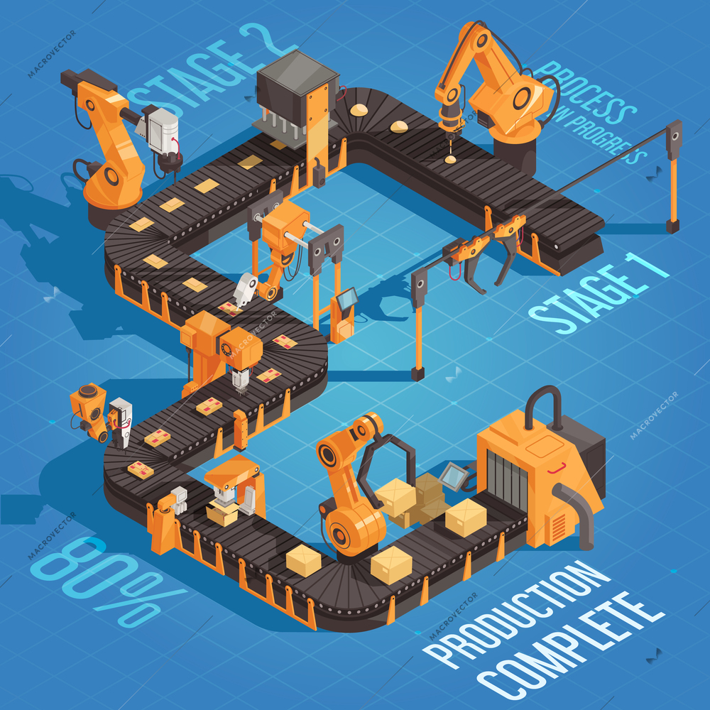 Isometric robot automation production illustration with process in progress stage one two and production complete vector illustration