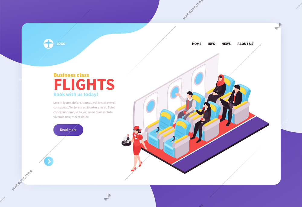 Booking air tickets isometric landing page with offering business class flights and place for airline logo vector illustration