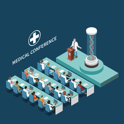 Medical scientific conference isometric hall interior element with dna model podium presentation for participants background vector composition