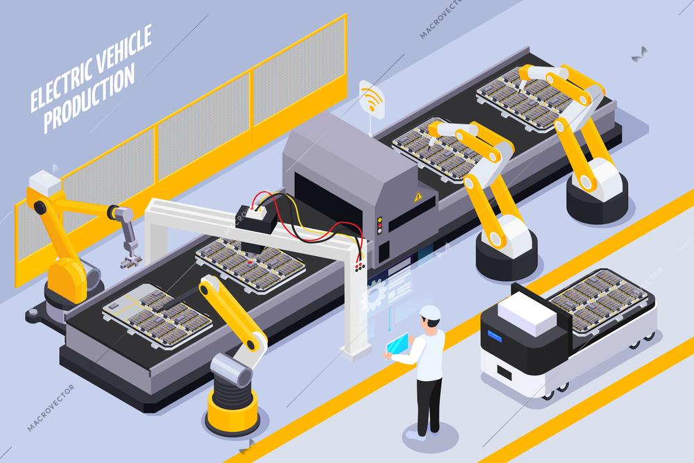 Electric vehicles production line isometric composition with automated remote controlled robotic arms assembly conveyor system vector illustration