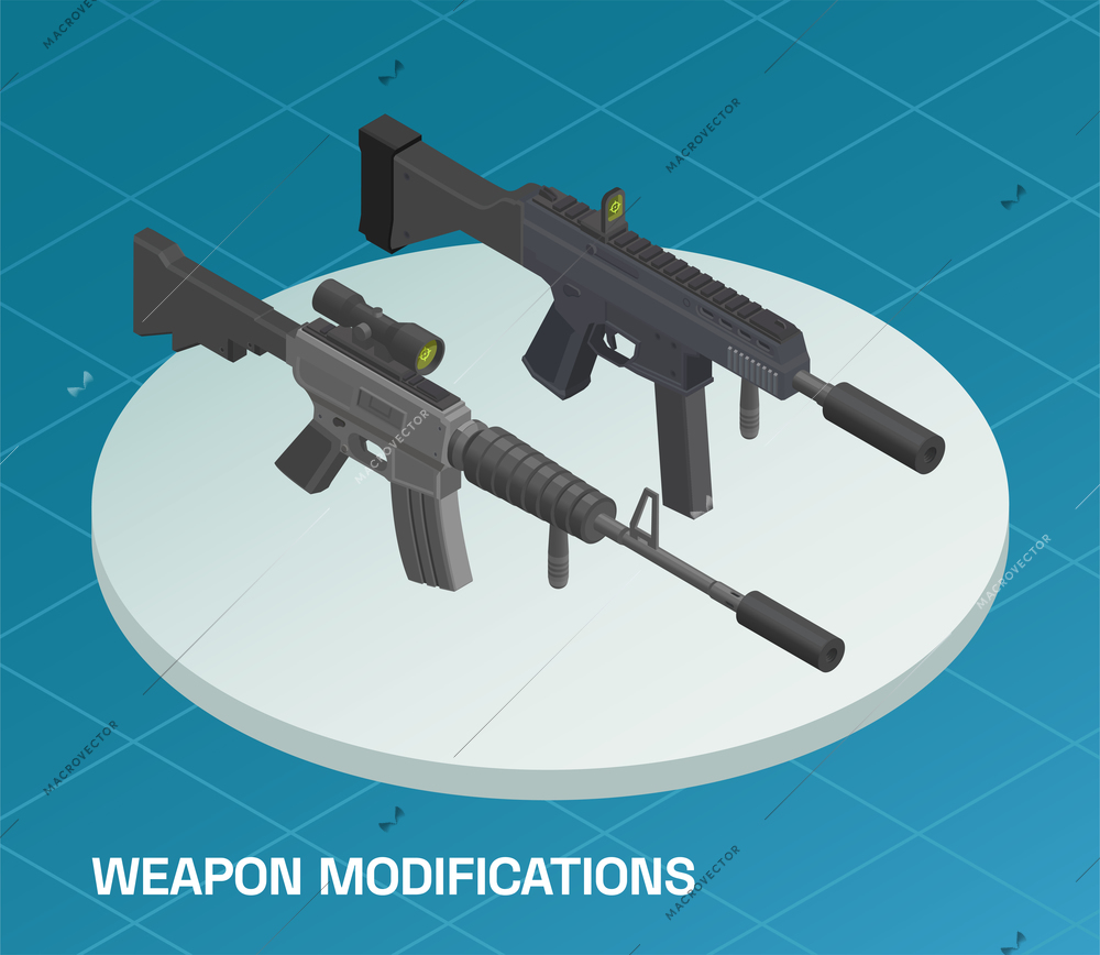 Army weapons soldier isometric composition with images of two various automatic rifle guns modifications with text vector illustration