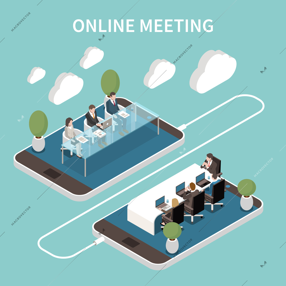 Online conference isometric composition with clouds 2 meeting rooms interior participants on connected smartphone screens vector illustration