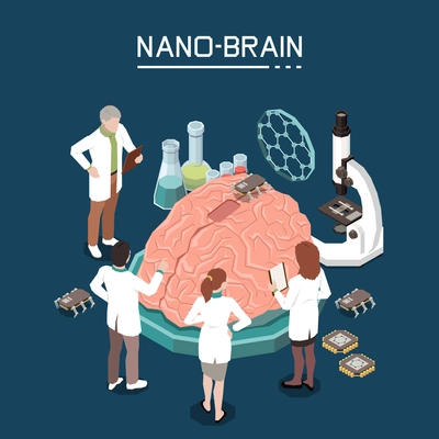 Nano bio technology isometric composition with scientific laboratory staff using nano-materials for brain activity improvement vector illustration