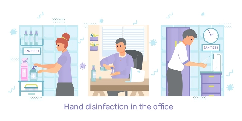 Hand disinfection flat set of square compositions with views of workplaces and people using sanitizer gel vector illustration