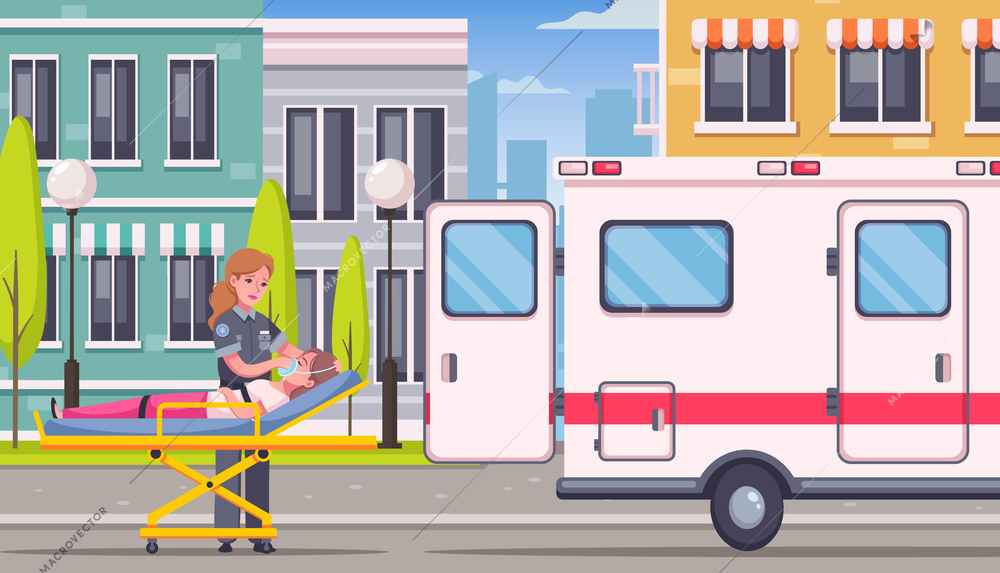 Paramedic emergency ambulance cartoon composition with urban outdoor street scenery and medical car with human characters vector illustration