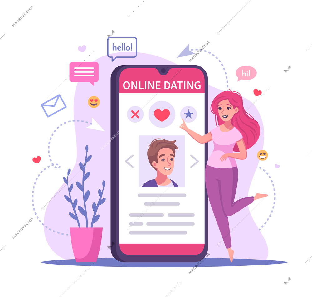 Virtual relationships online dating cartoon composition with image of smartphone with dating app and messaging icons vector illustration