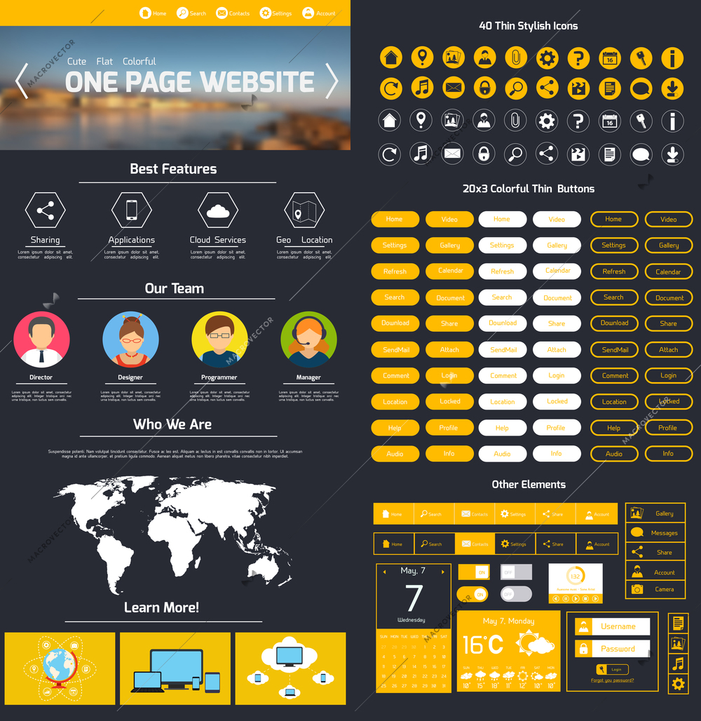 One page website design template with world map menu and slider vector illustration