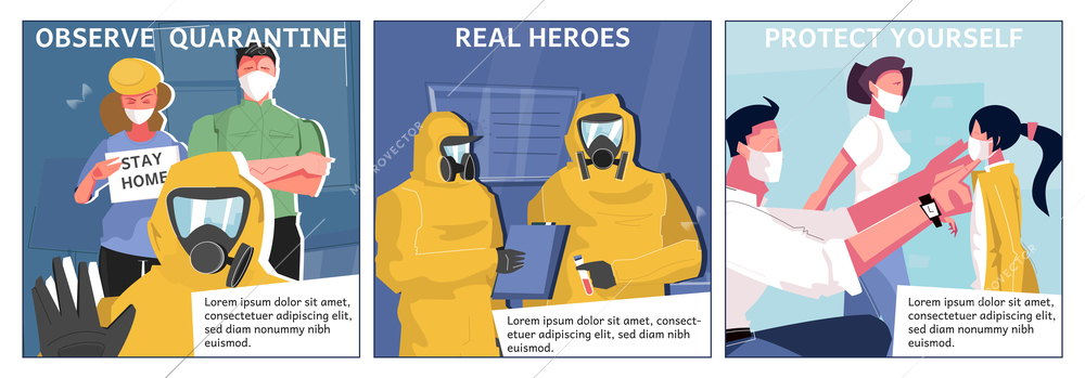 Pandemic coronavirus set with square compositions of text and human characters in face masks chemical suits vector illustration