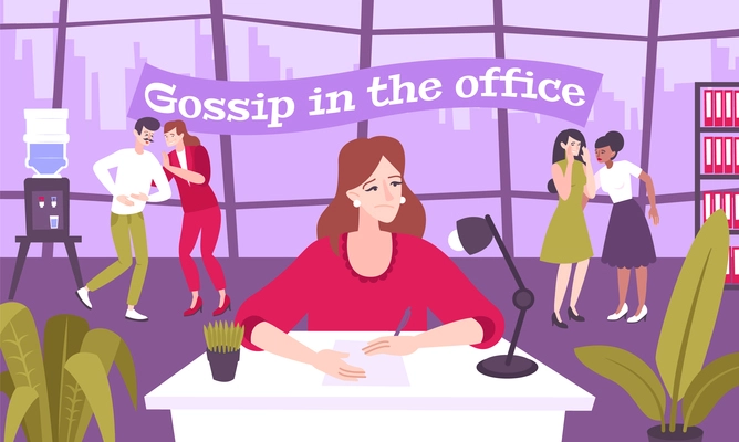 Work gossip flat composition with office scenery and cartoon characters of coworkers talking with each other vector illustration