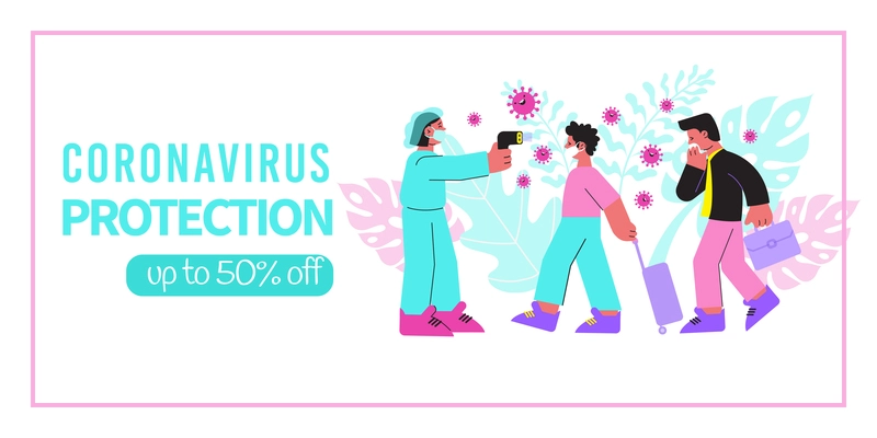 Coronavirus protection banner flat composition with editable text discount and walking people with masks virus images vector illustration
