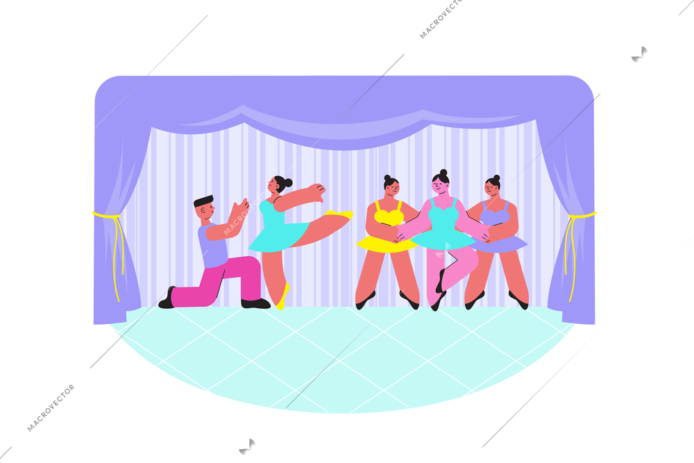 Ballet performance composition with flat characters of dancing people in costumes performing on stage with curtains vector illustration