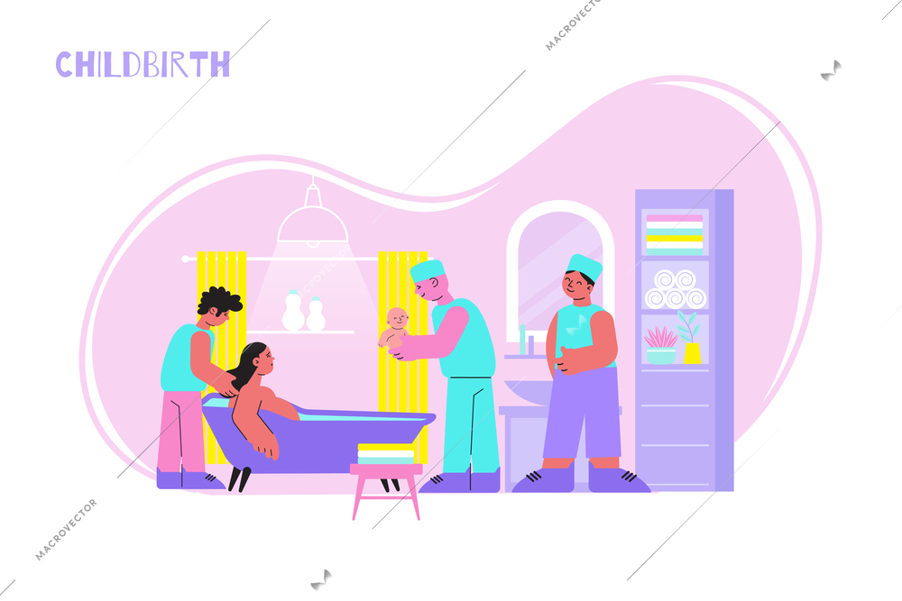 Woman sitting in bath after childbirth in water and doctor holding baby flat vector illustration