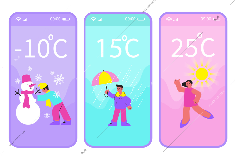 Set of flat app banners with people outdoors in snowy rainy sunny weather isolated vector illustration