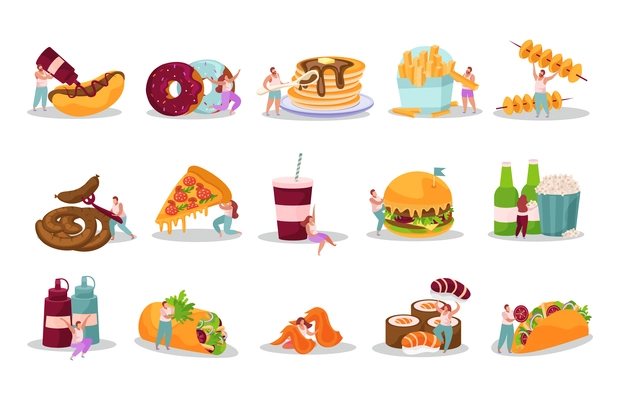 People eating fast food burger donut popcorn kebab pizza pancakes sausages flat icons set isolated vector illustration