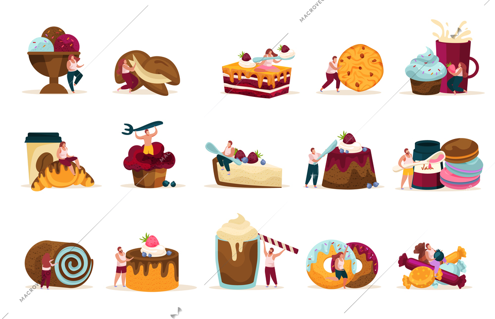 Sweets and people recolor icons set with confectionery symbols flat vector illustration