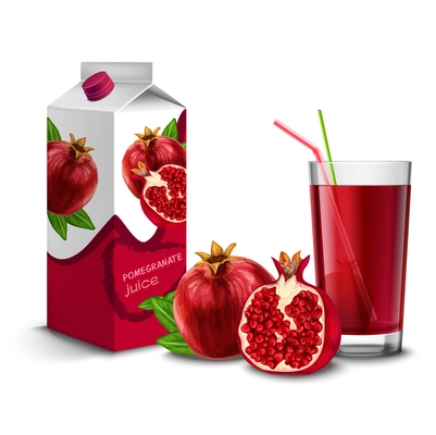 Realistic pomegranate juice glass with cocktail straw and paper pack isolated on white background vector illustration