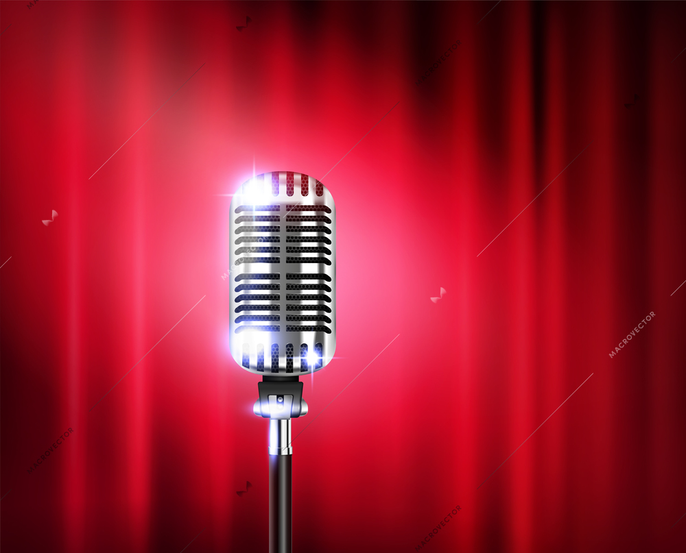 Microphone stand up show realistic composition with shiny microphone against a red theater curtain vector illustration