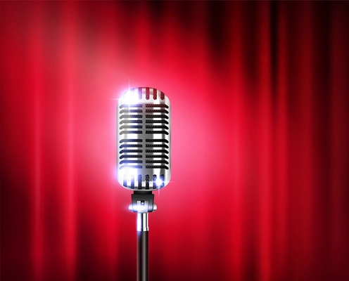 Microphone stand up show realistic composition with shiny microphone against a red theater curtain vector illustration